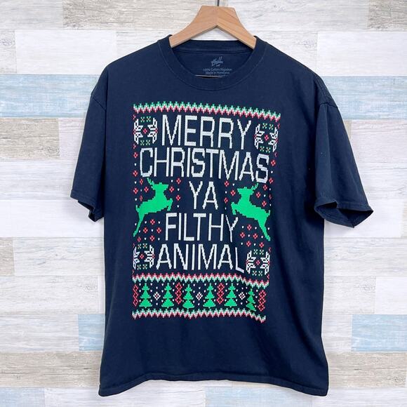 Merry Christmas Ya Filthy Animal Home Alone Graphic T Shirt Black Mens Large - Picture 1 of 4
